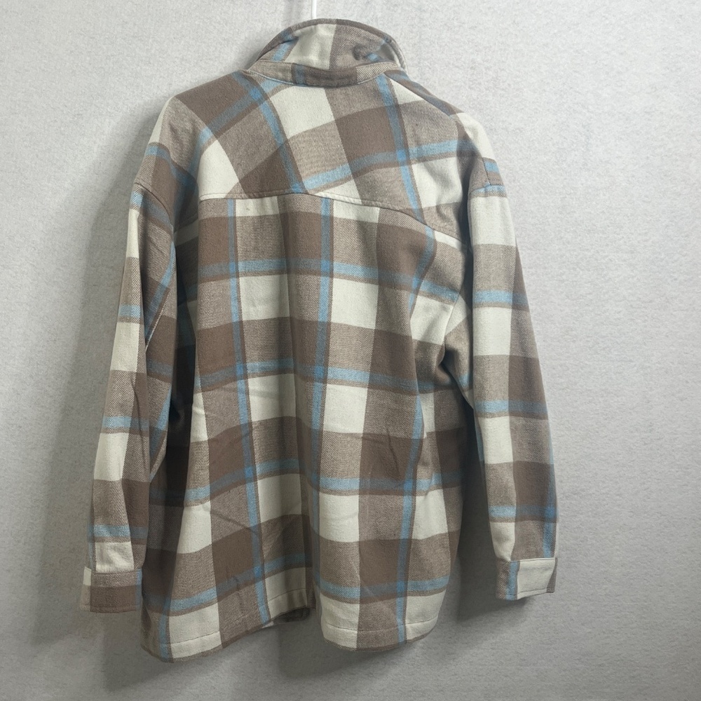 HFX Plaid Snap Button Shacket Jacket Beige Blue Medium - Picture 2 of 6